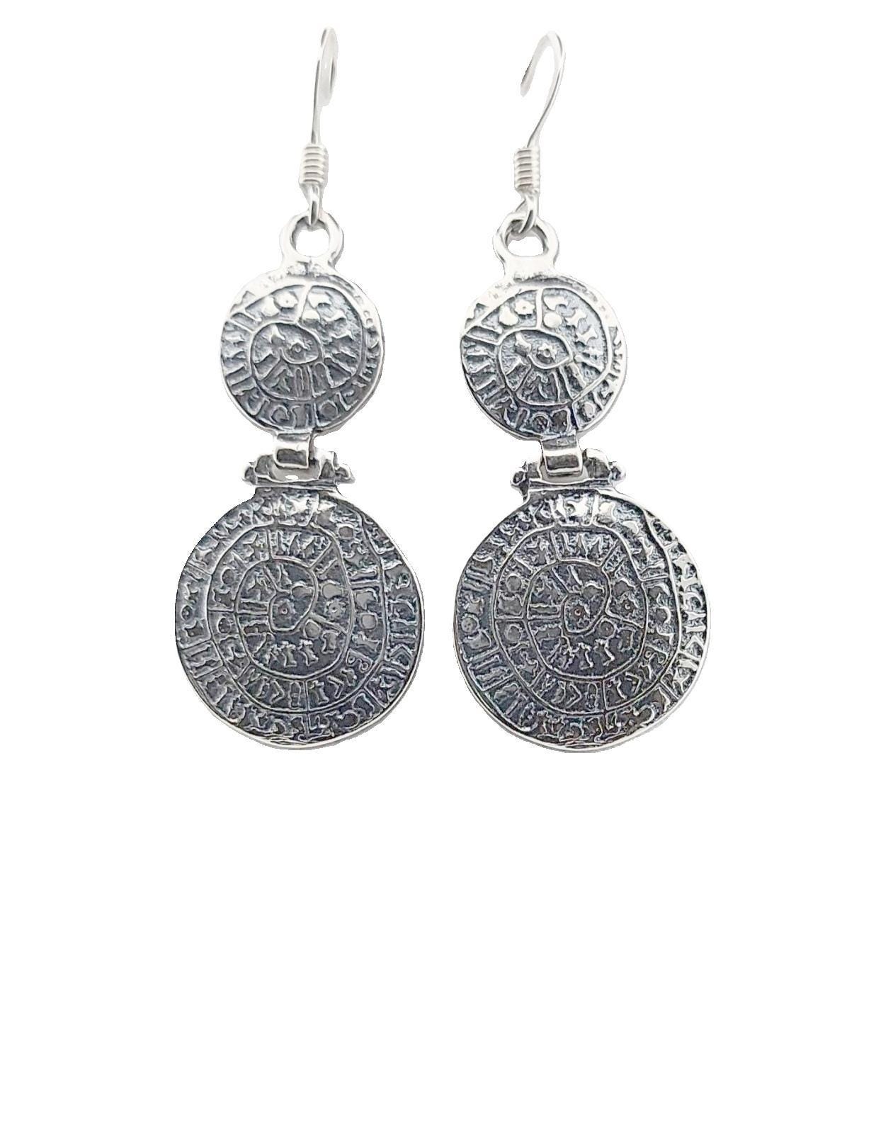 Sterling Silver Phaistos Disc Earrings: Ancient Greek Double Drop