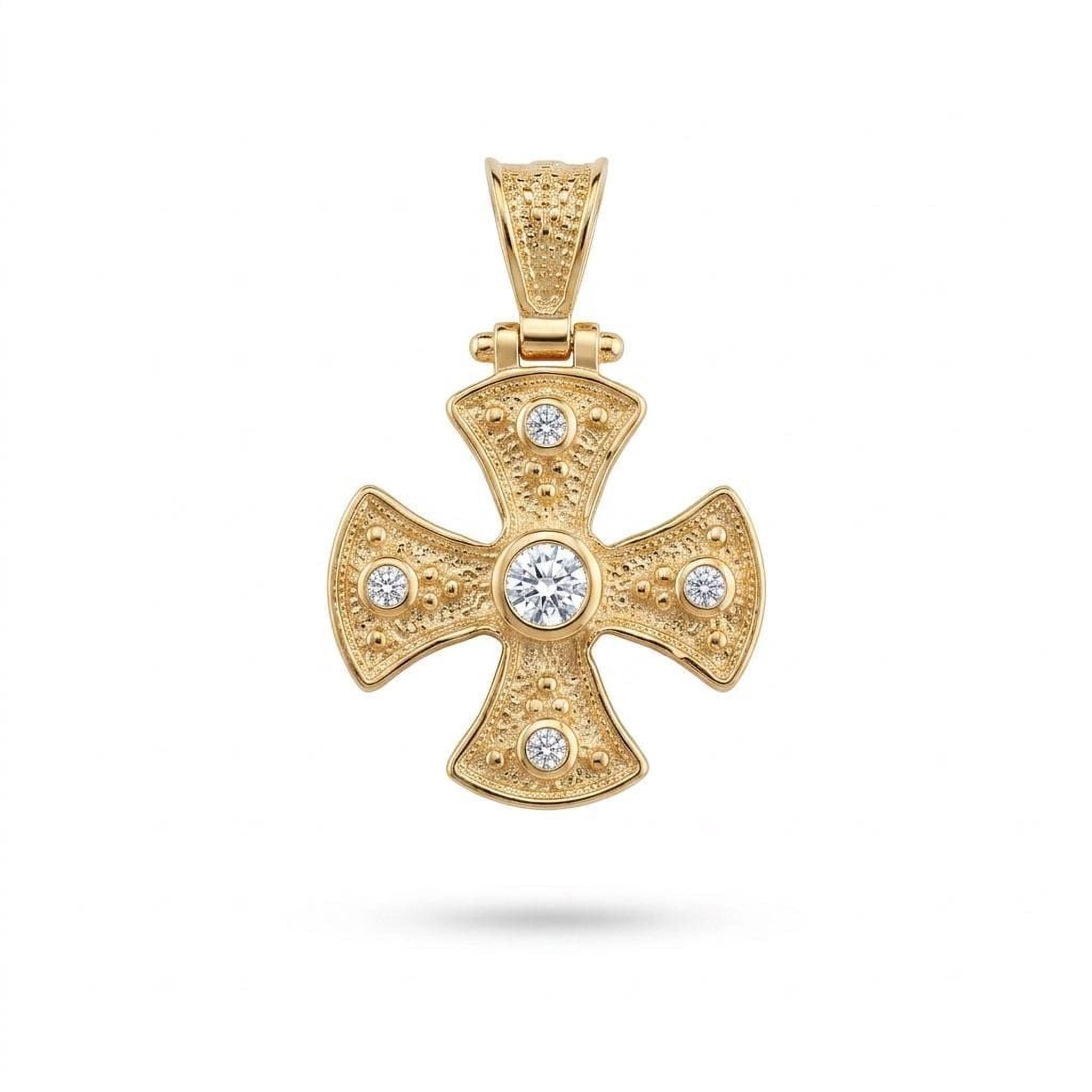 A gold cross pendant with diamonds set in the center.