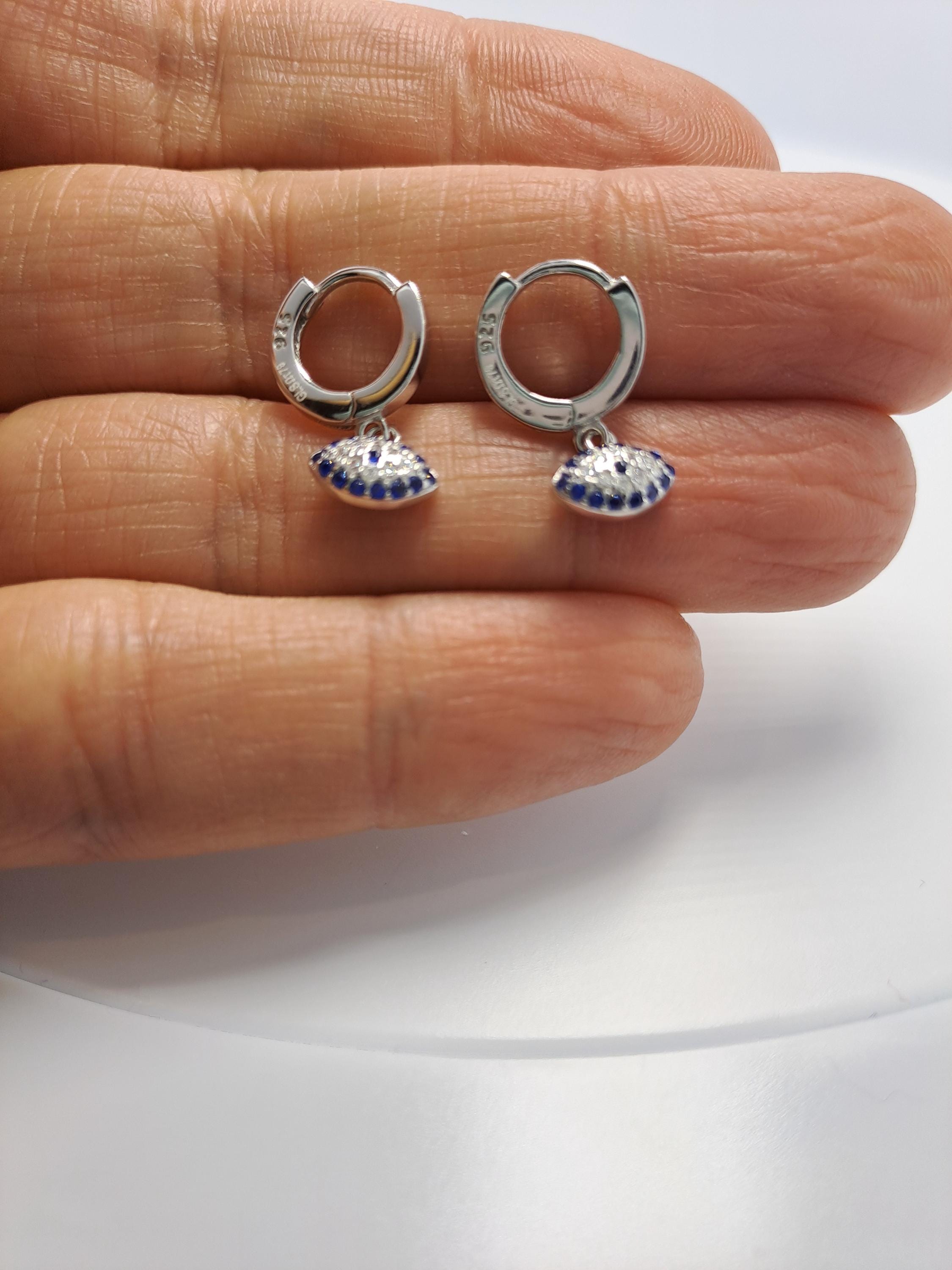 Evil Eye Hoop Earrings Sterling Silver Huggie With Blue Zirconia Charm