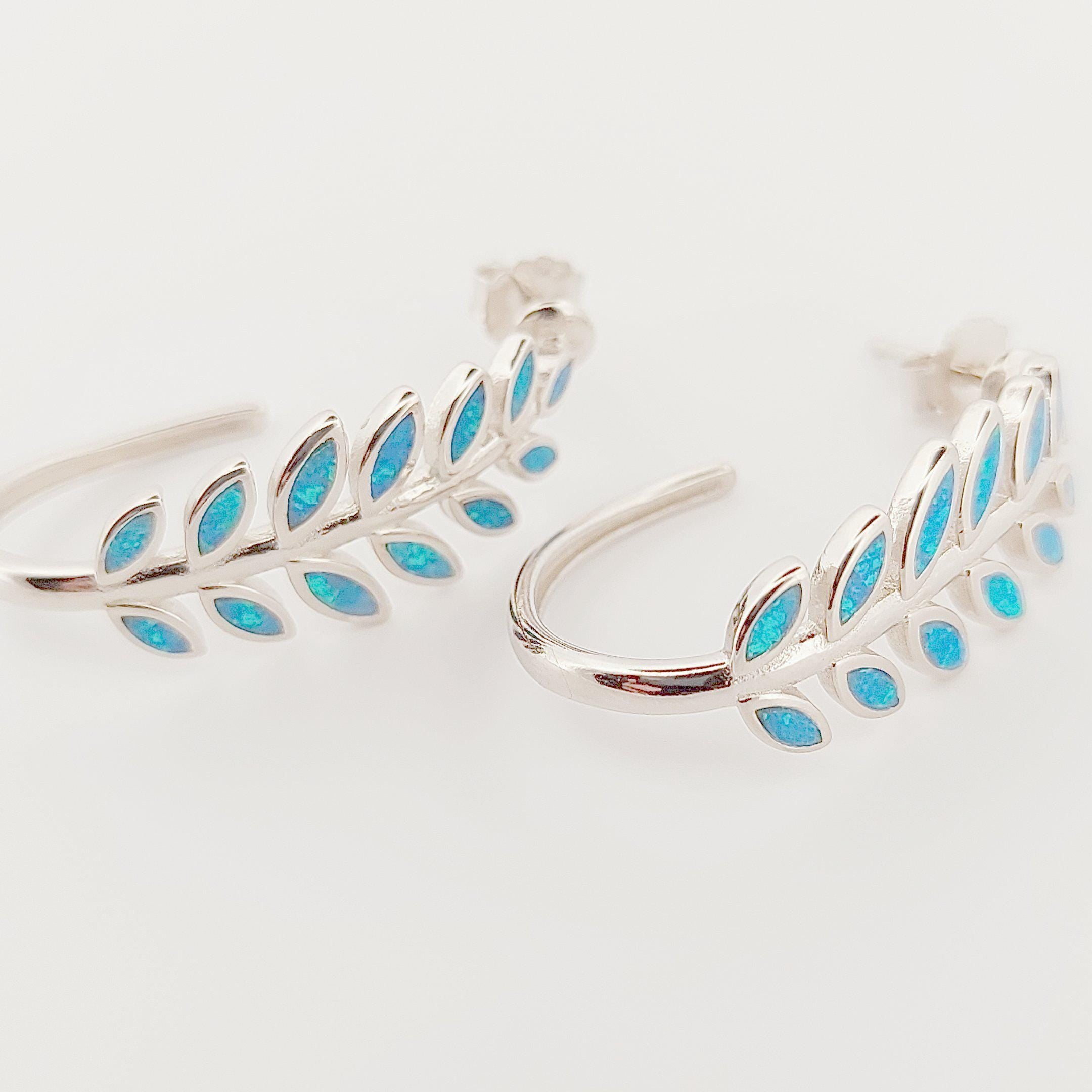 Opal Inlay Olive Leaf Hoop Earrings: 925 Sterling Silver, Greek Design