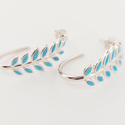 Opal Inlay Olive Leaf Hoop Earrings: 925 Sterling Silver, Greek Design