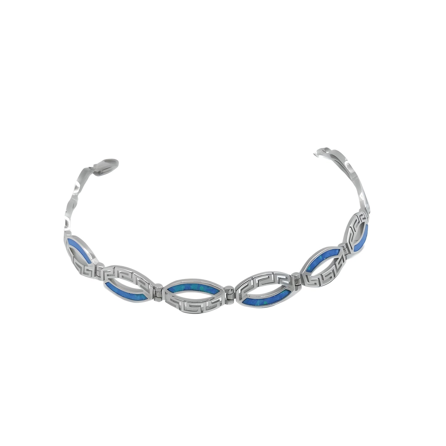 Sterling Silver Greek Key Bracelet, Blue Opal Inlay, Meander Design