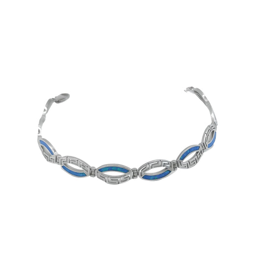 Sterling Silver Greek Key Bracelet, Blue Opal Inlay, Meander Design