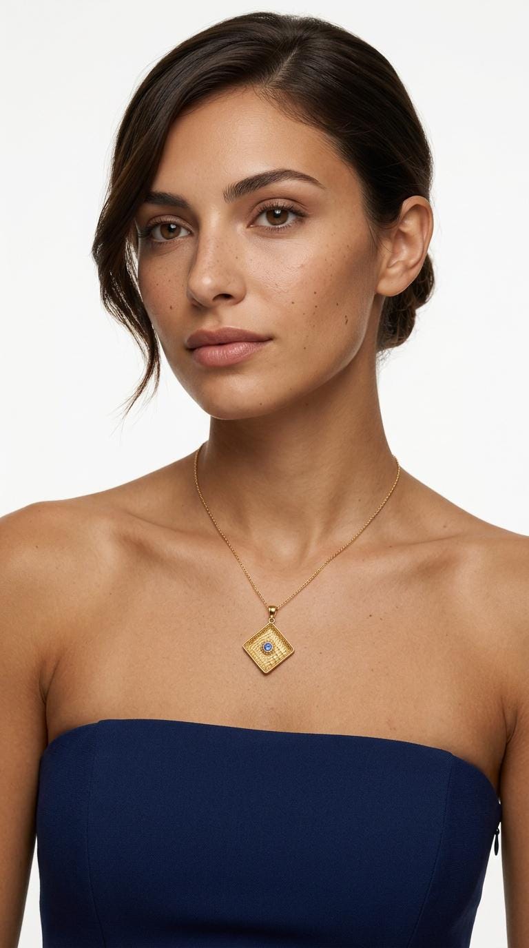Gold Plated Pendant – Byzantine Textured Rhombus Charm With Synthetic Gemstone
