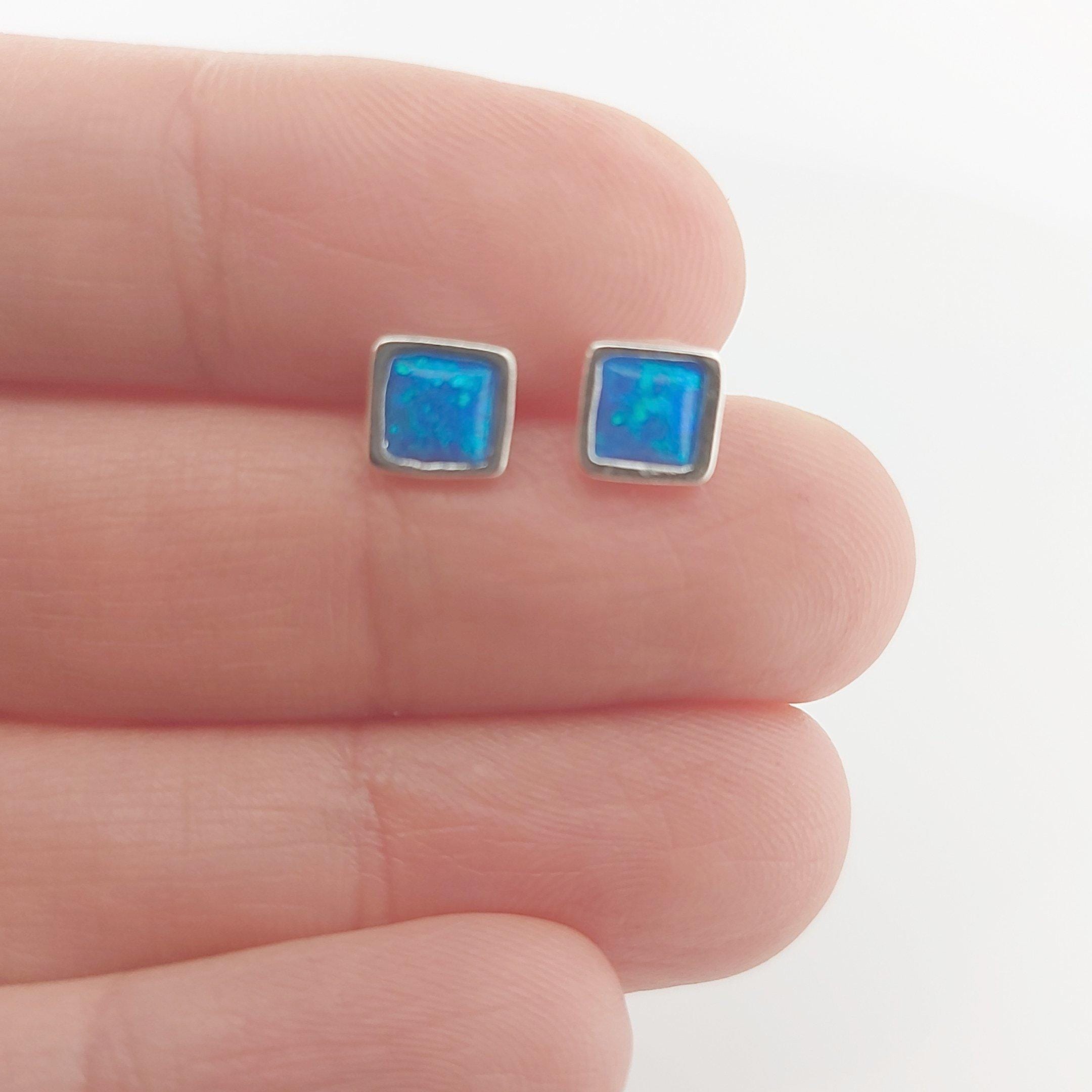 Square Blue Opal Stud Earrings: Sterling Silver Greek Design