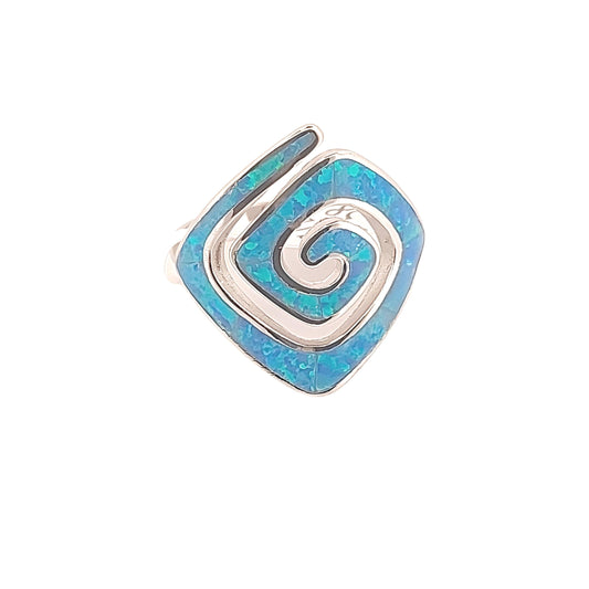 Blue Opal Rhombus Ring, Greek Key Meander Design, Sterling Silver