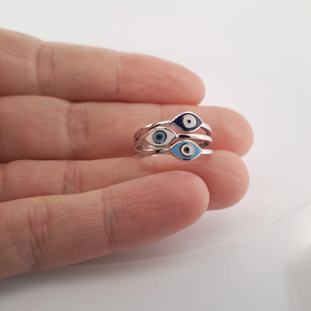 Silver Evil Eye Ring – Triple Band Stacked Multi Color Protective Jewelry