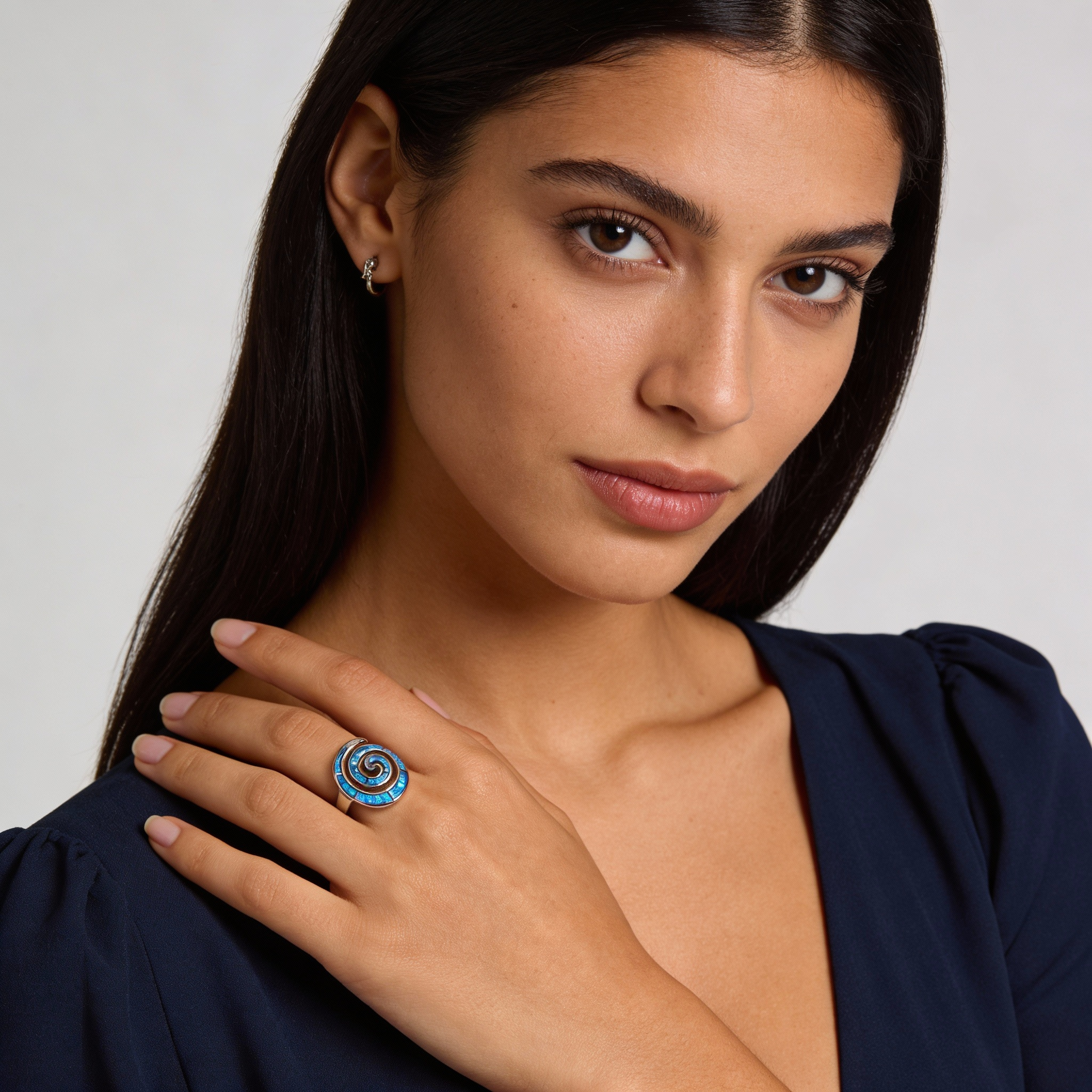 Blue Opal Silver Ring, Greek Key Spiral Design, Statement Ring