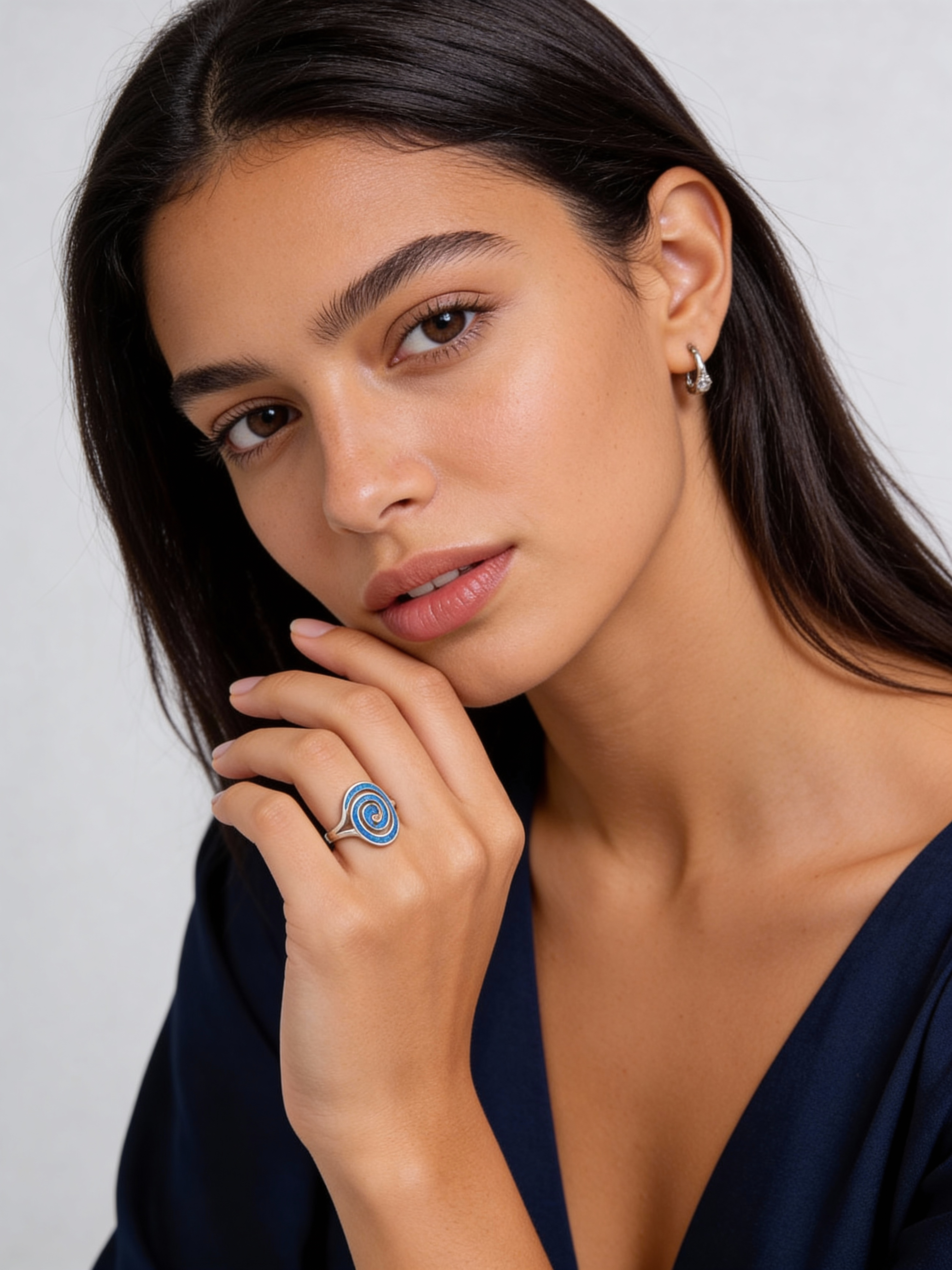 Blue Opal Silver Ring, Greek Key Spiral Design, Statement Ring