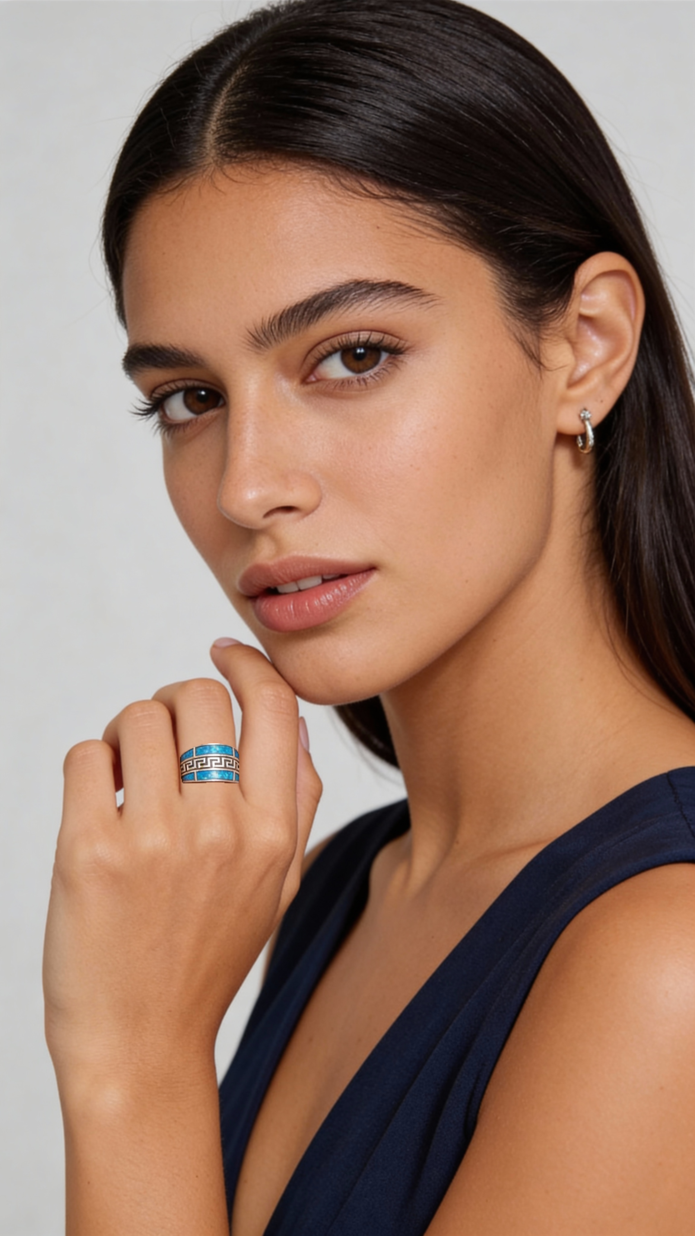 Blue Opal Ring, Sterling Silver Greek Key Meander Design, Statement Band