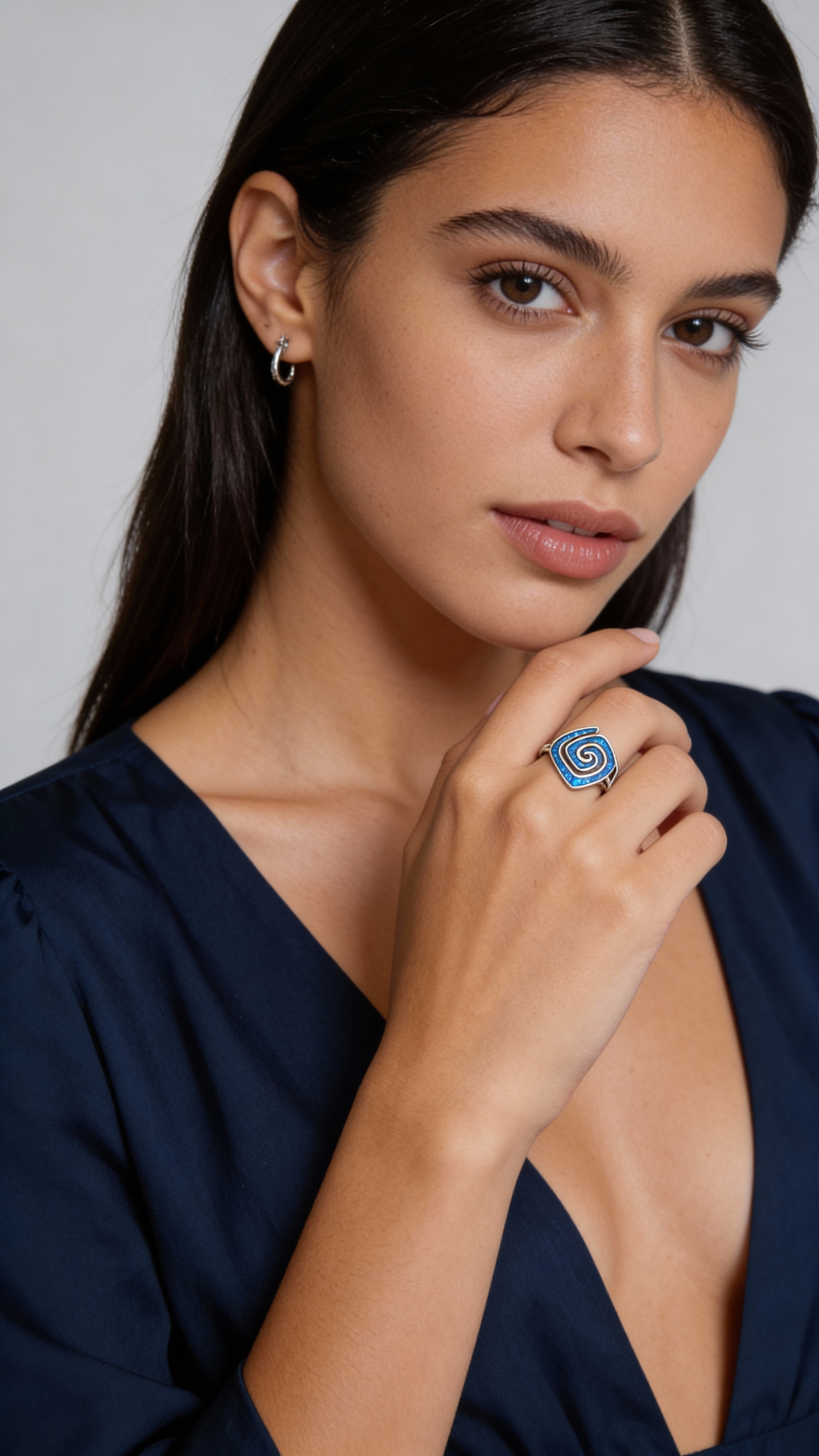 Blue Opal Rhombus Ring, Greek Key Meander Design, Sterling Silver