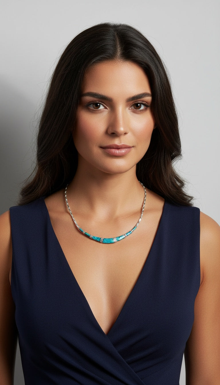 Sterling Silver Blue Opal Collar Necklace, Greek-Inspired Design