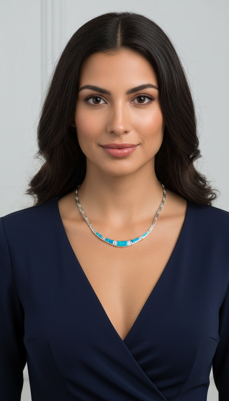 Sterling Silver Blue Opal Collar Necklace, Greek-Inspired Design