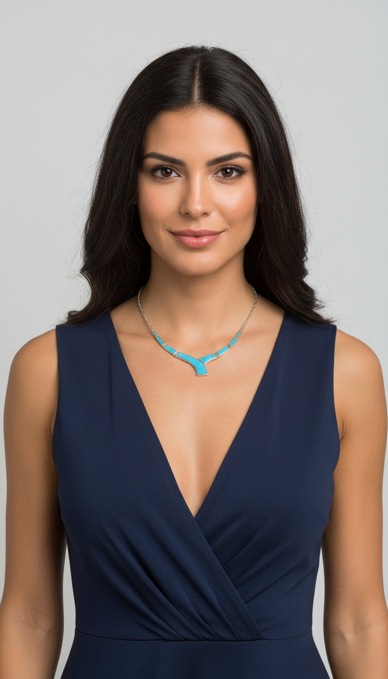 Sterling Silver 925 Blue Opal Collar Necklace, Greek-Inspired Design