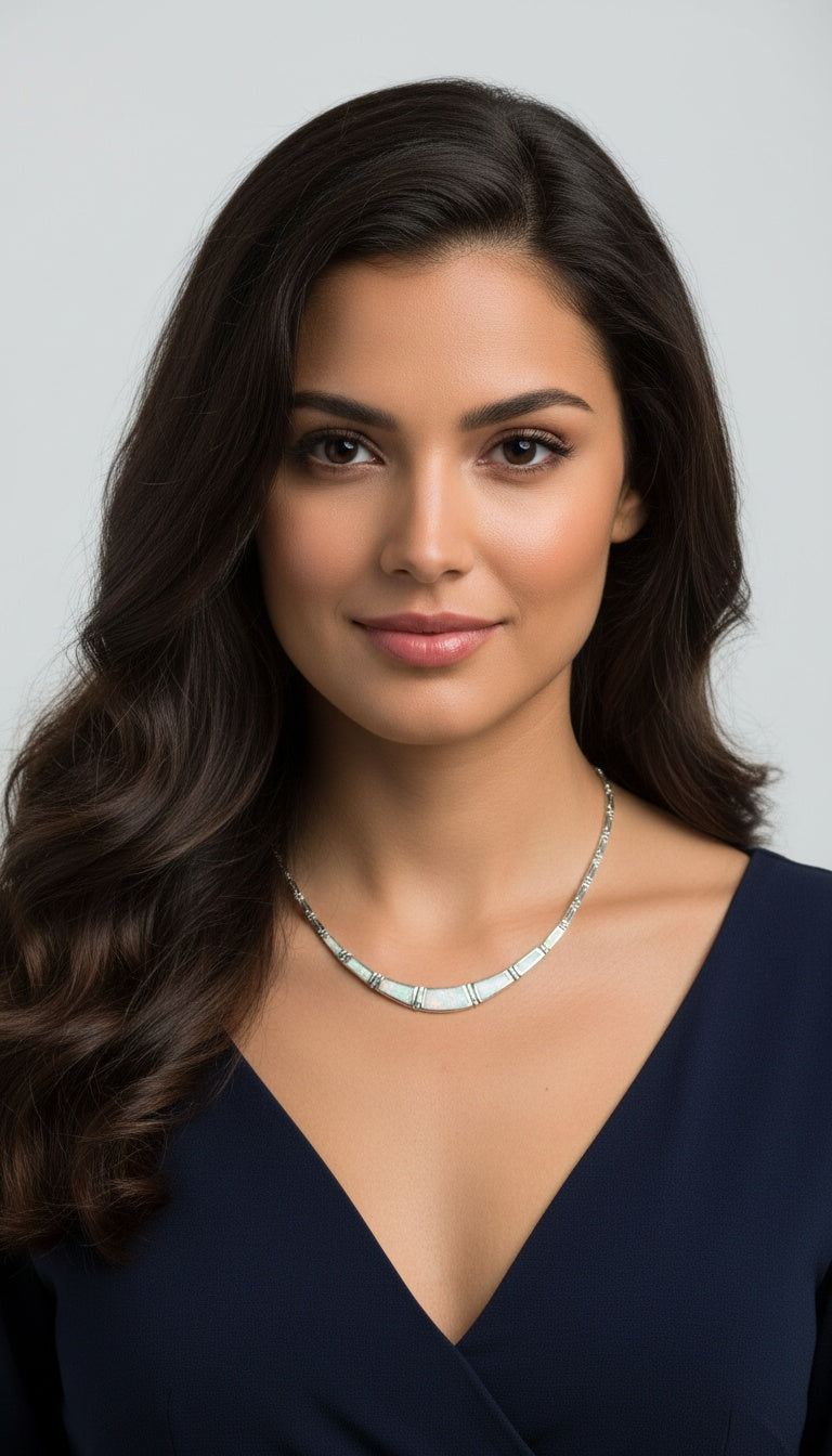 White Opal Greek Key Necklace, Sterling Silver, Meander Design