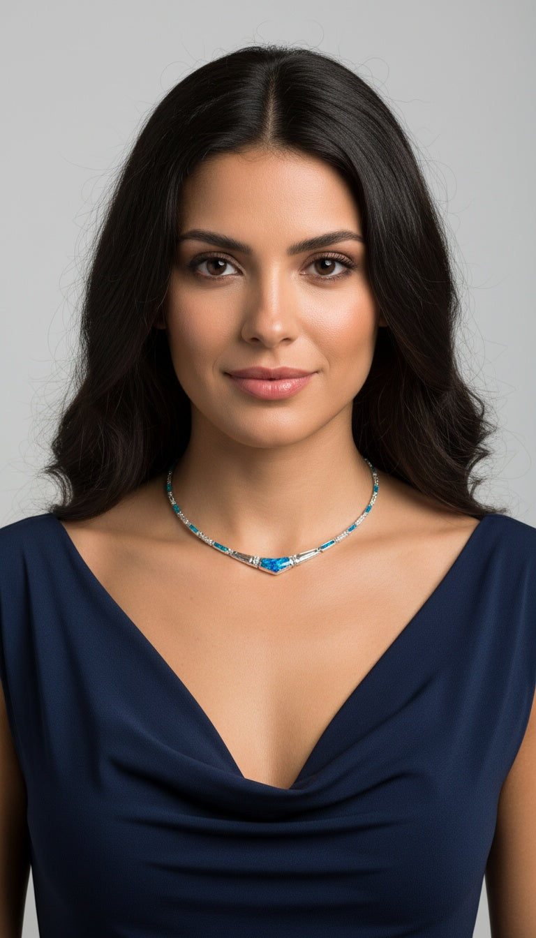 Sterling Silver Blue Opal Necklace with Greek Key Meander Design