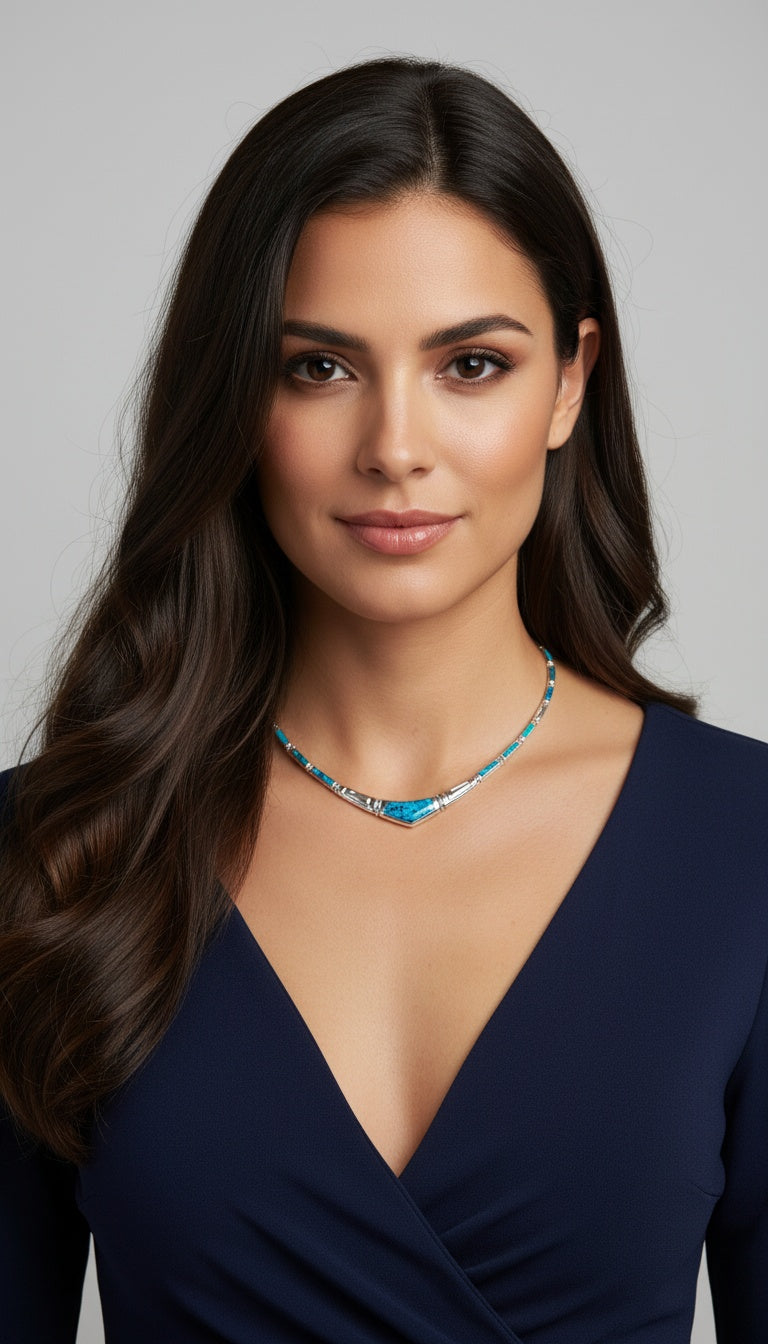 Sterling Silver Blue Opal Necklace with Greek Key Meander Design