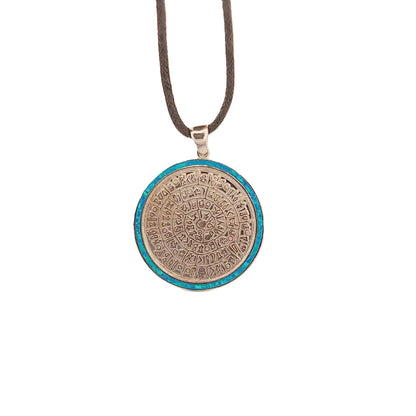 Sterling Silver Phaistos Disc Pendant: Blue Opal Inlay, Ancient Greek Design