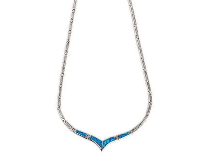 Blue Opal V-Shape Necklace, Greek Key Meander Design