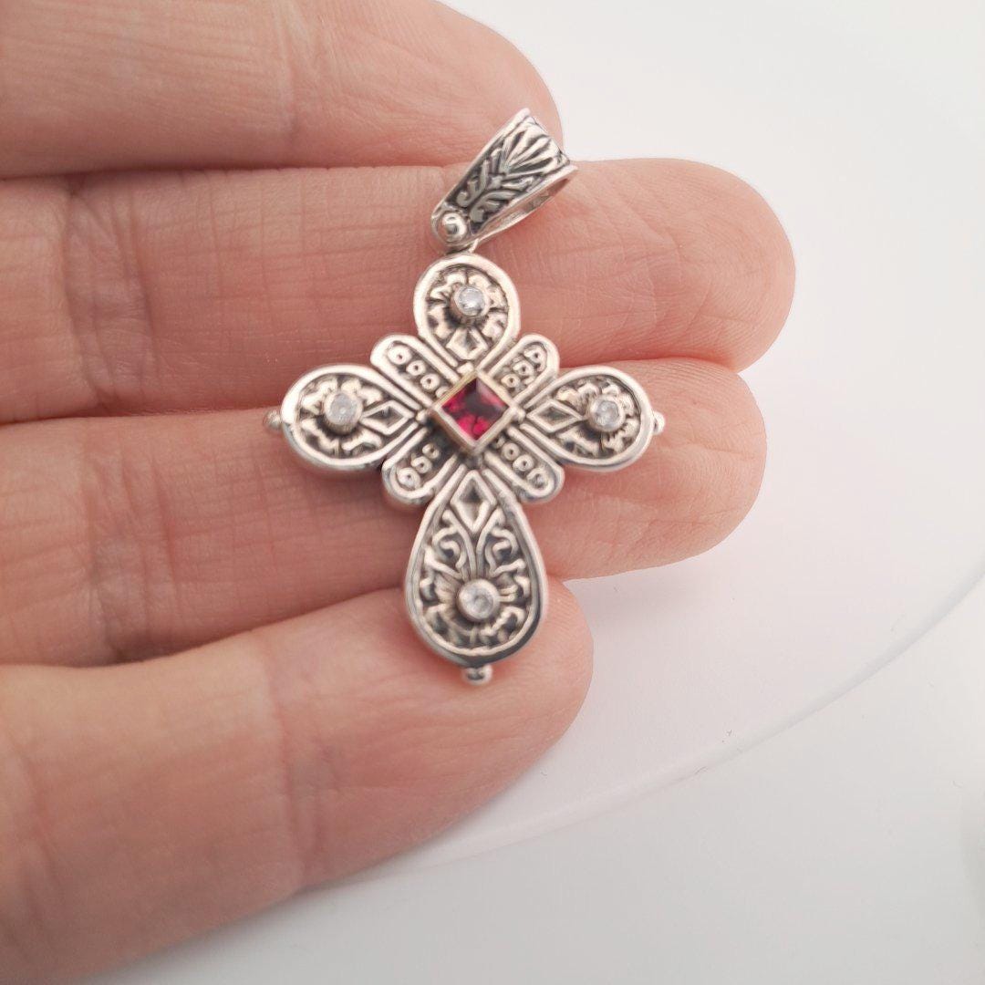 Silver Cross Pendant Byzantine Cross Jewelry – Ruby Center Pendant, Ornate Relief Design