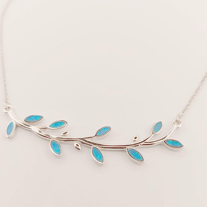 Silver Blue Opal Olive Branch Leaf Pendant Necklace, Greek Mythology Inspired Design