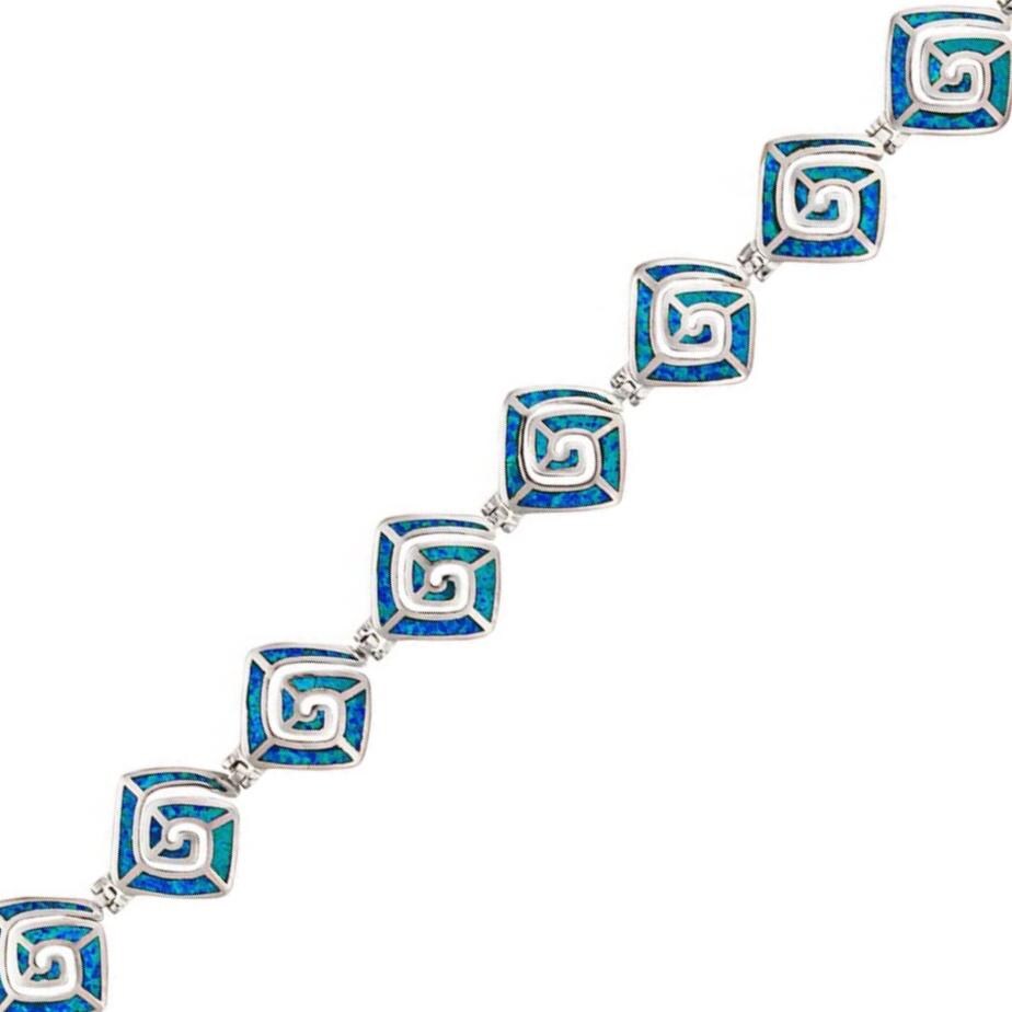 Blue Opal Greek Key Bracelet, Sterling Silver 925, Meander Design Link Bracelet