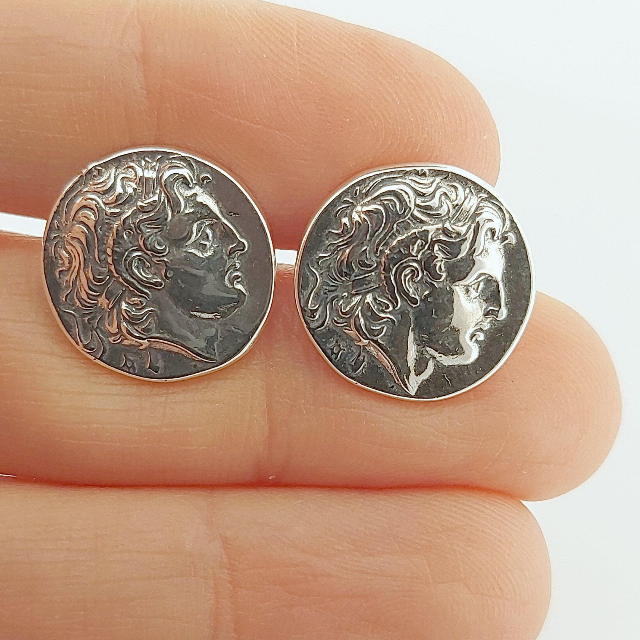 Sterling Silver 925 Alexander The Great Cufflinks, Round Design, Classical Style