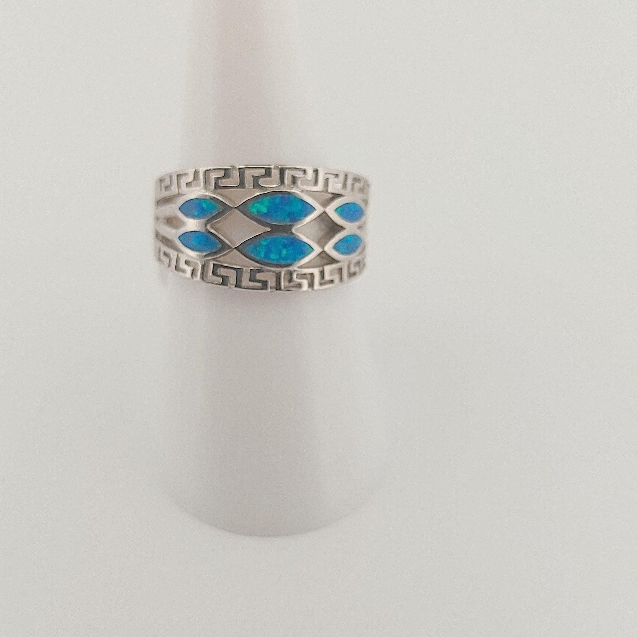 Blue Opal Ring Marquise Pattern, Sterling Silver Greek Key Meander Design