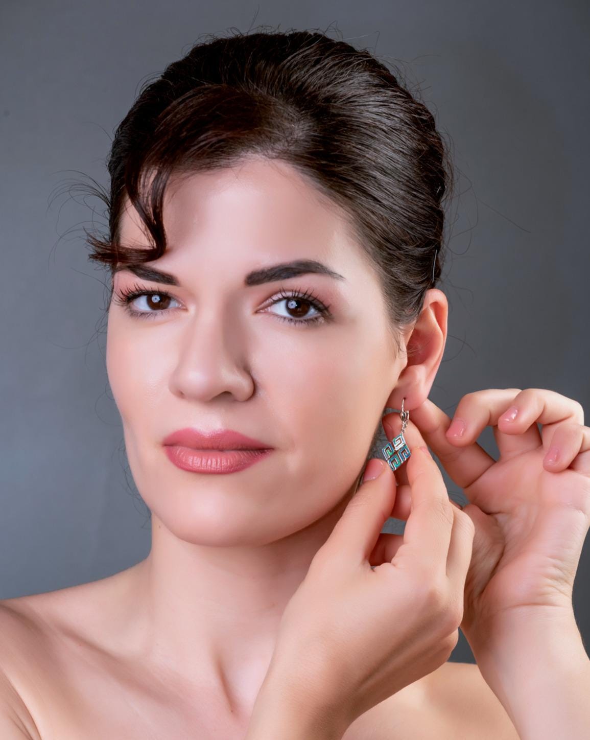 Sterling Silver Blue Opal Dangle Earrings: Greek Key Design