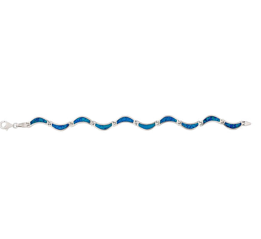 Blue Opal Wave Greek Key Bracelet, Sterling Silver 925, Meander Design Bracelet