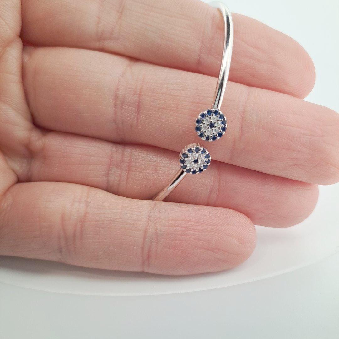 Evil Eye Bracelet – Silver Bangle with Blue Zirconia, Dainty Open Cuff for Protection