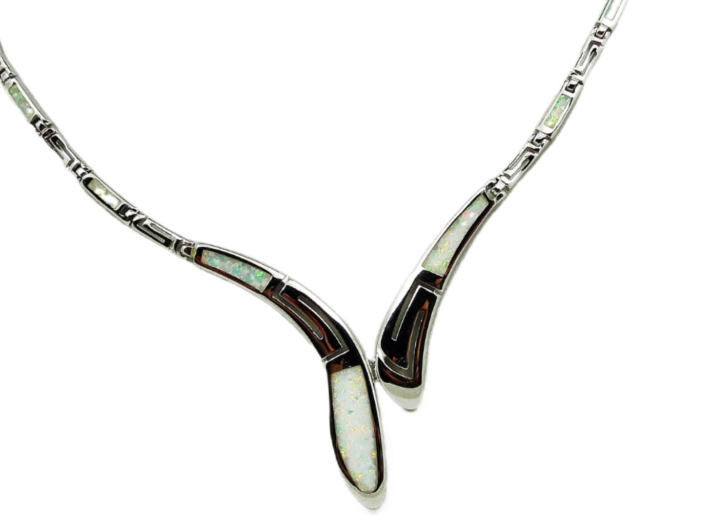 White Opal Greek Key Necklace, Sterling Silver, Meander Design