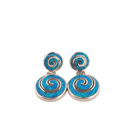 Sterling Silver Blue Opal Dangle Earrings: Greek Key Meander Design