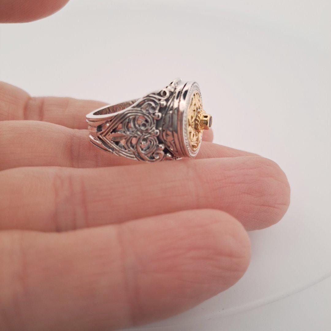 Byzantine Ruby Ring – Gold Plated Sterling Silver Band With Medieval Filigree
