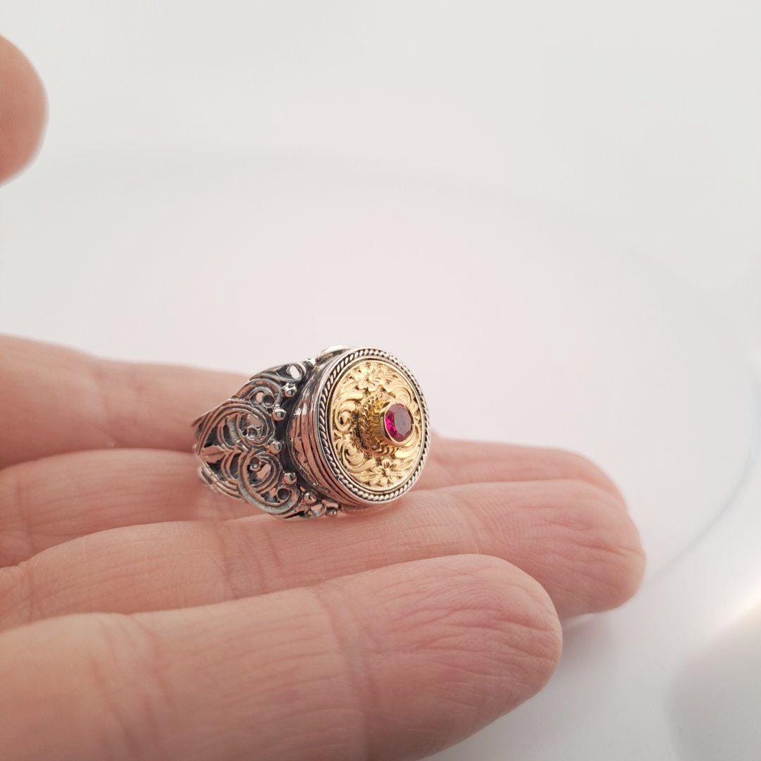 Byzantine Statement Ring – Gold Plated Ruby Gemstone Sterling Silver Band