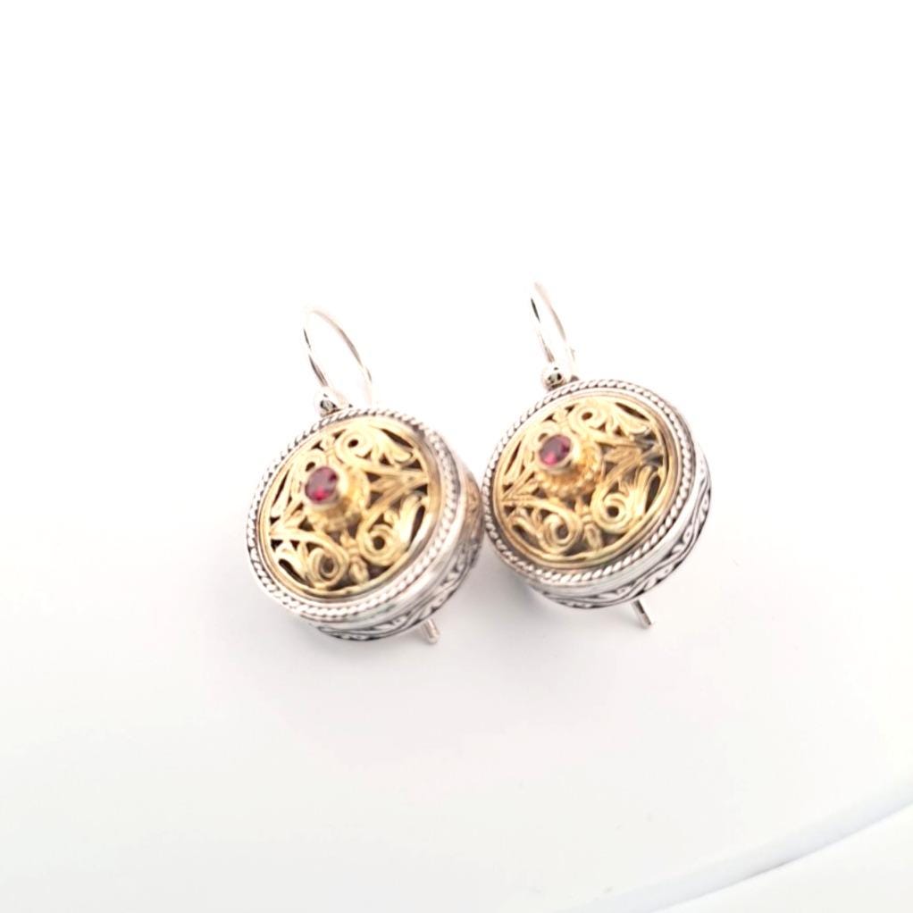 Gold Plated Ruby Earrings – Two Tone Byzantine Style Dangle With Filigree Design