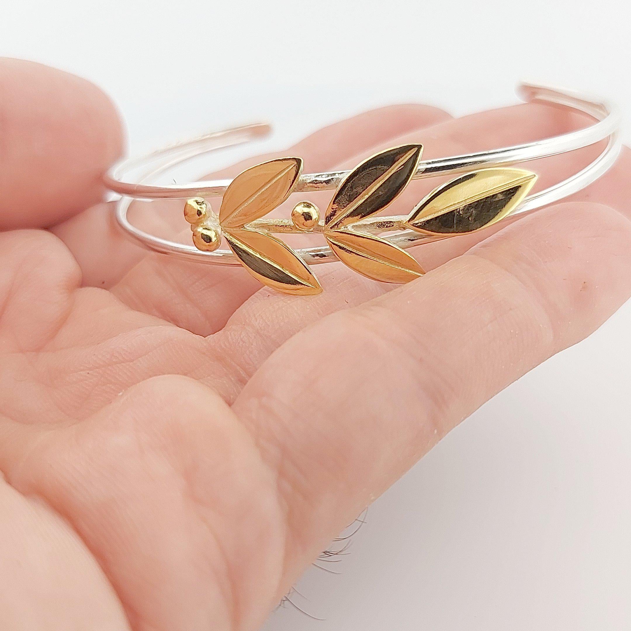 Olive Leaves Bracelet, Silver Dual-Band Cuff with Gold Plated Greek Design, Elegant Leaf Motif