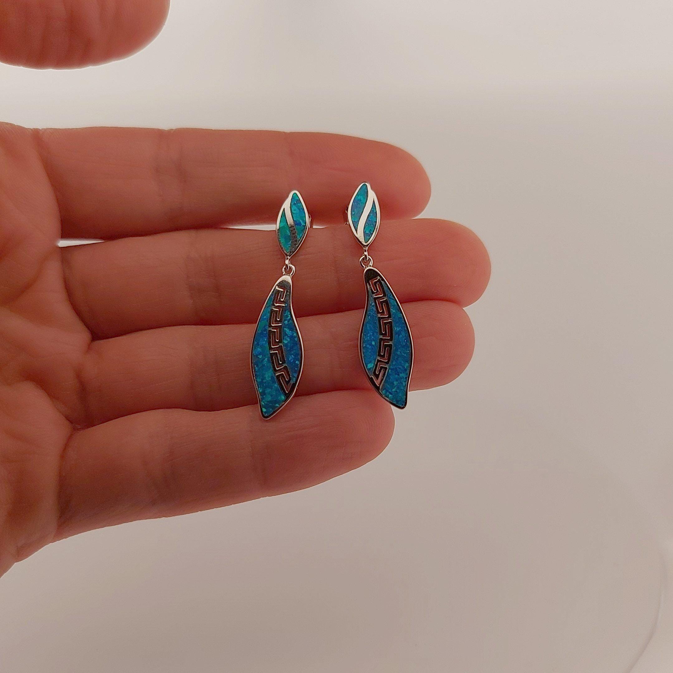Blue Opal Dangle Earrings: Sterling Silver Greek Key Design