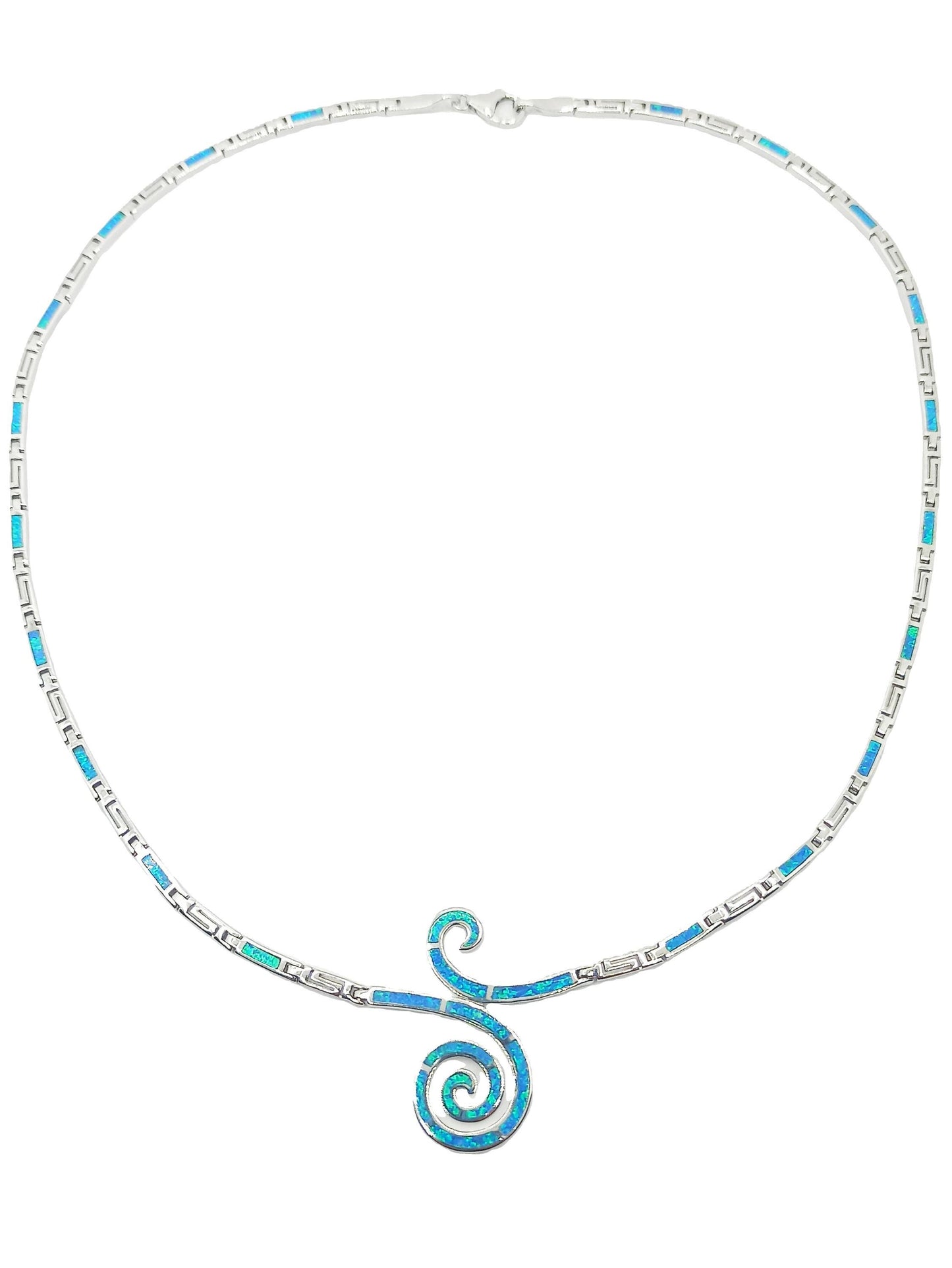 Blue Opal Sterling Silver Necklace, Spiral Meander Design
