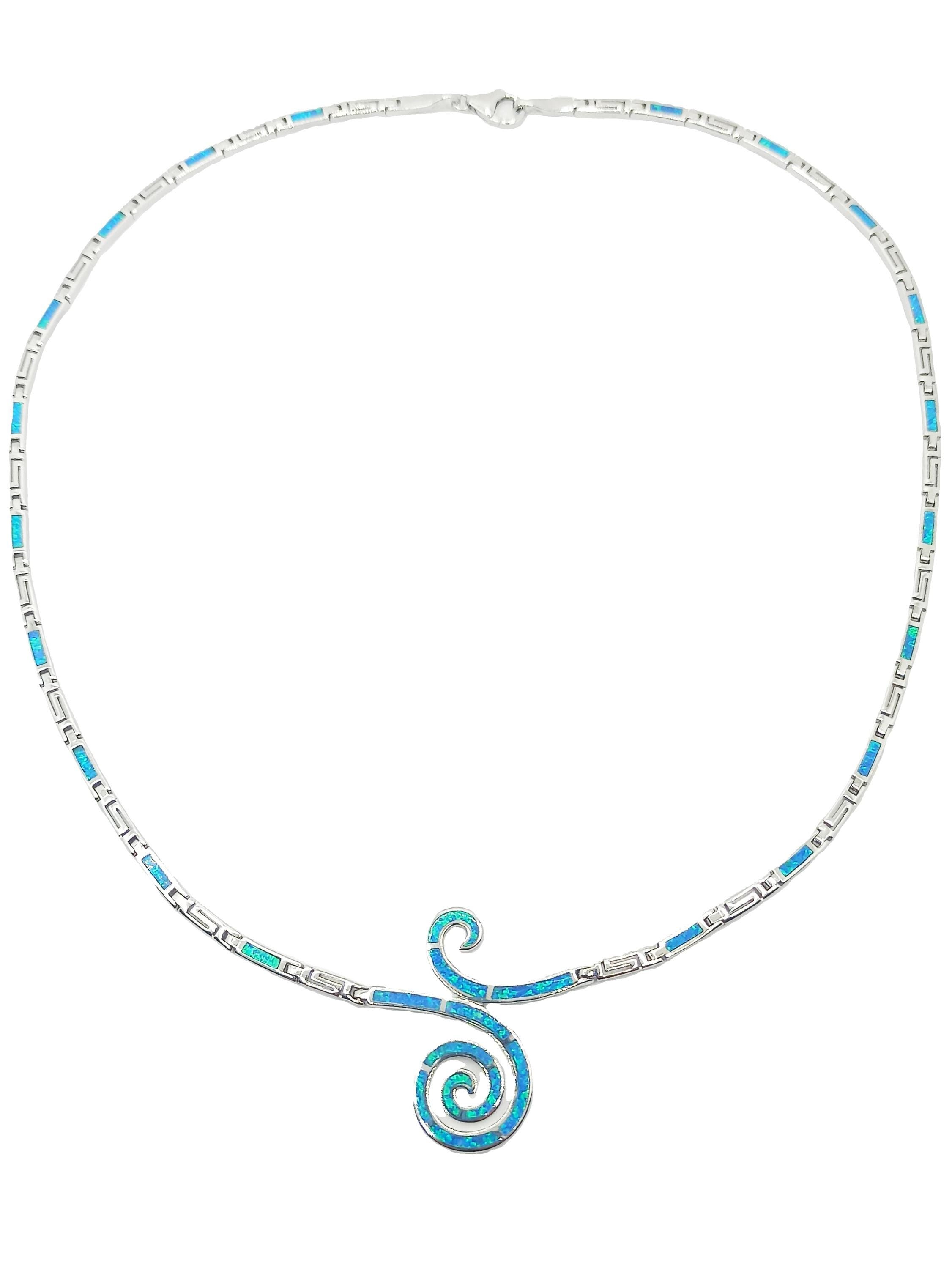 Blue Opal Sterling Silver Necklace, Spiral Meander Design