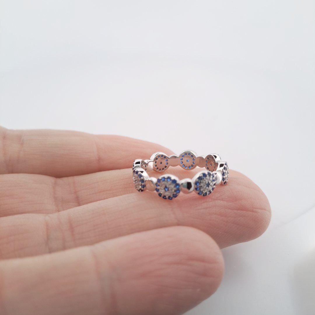 Evil Eye Eternity Ring – Silver 925 Full Band Blue Zircon CZ Design