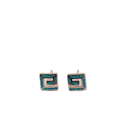Blue Opal Greek Key Sterling Silver Stud Earrings
