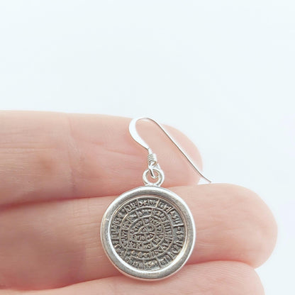 Ancient Greek Phaistos Disc Drop Earrings, Sterling Silver