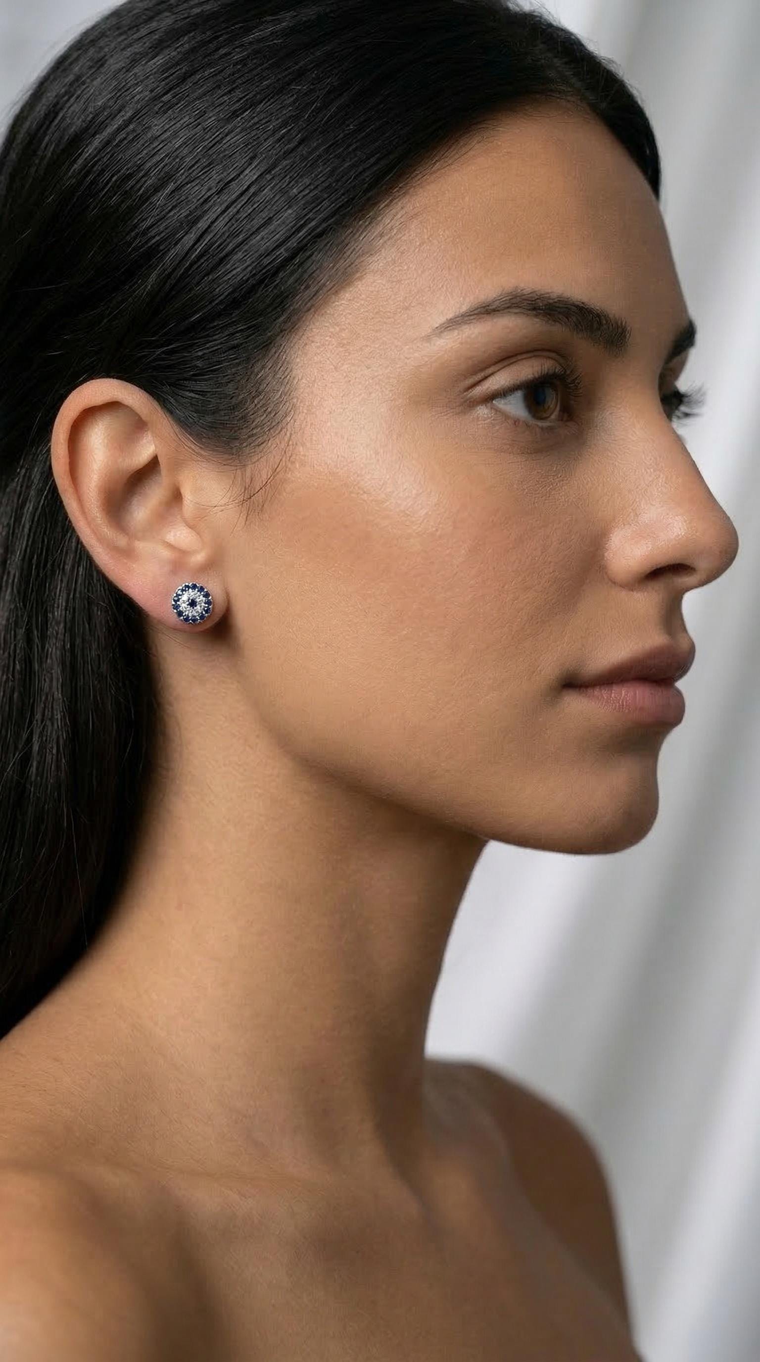 Evil Eye Stud Earrings - Blue Zirconia, Silver Tone, Sapphire Halo Protection Jewelry