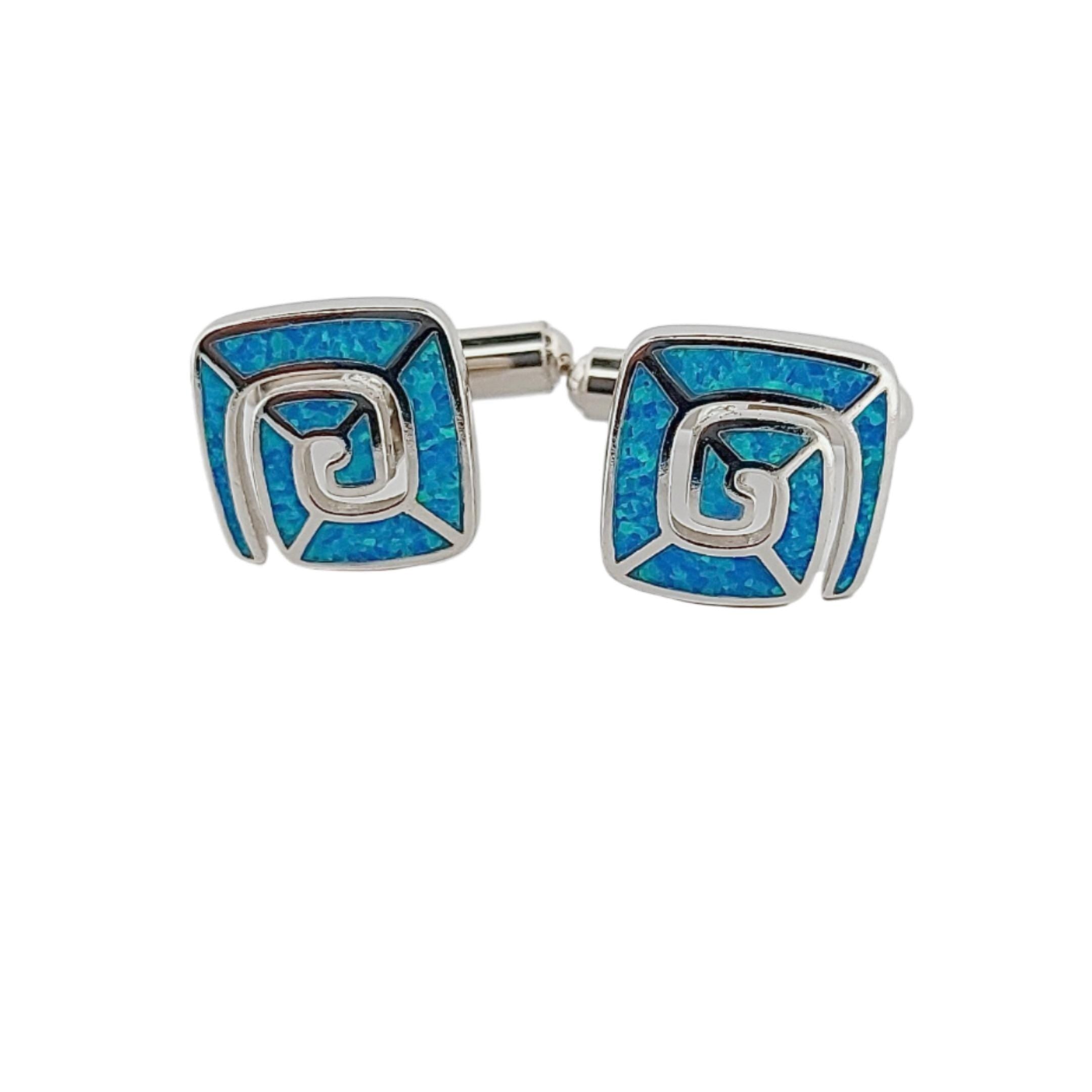 Blue Opal Greek Key Cufflinks, Sterling Silver, Meander Square Design, 925 Silver