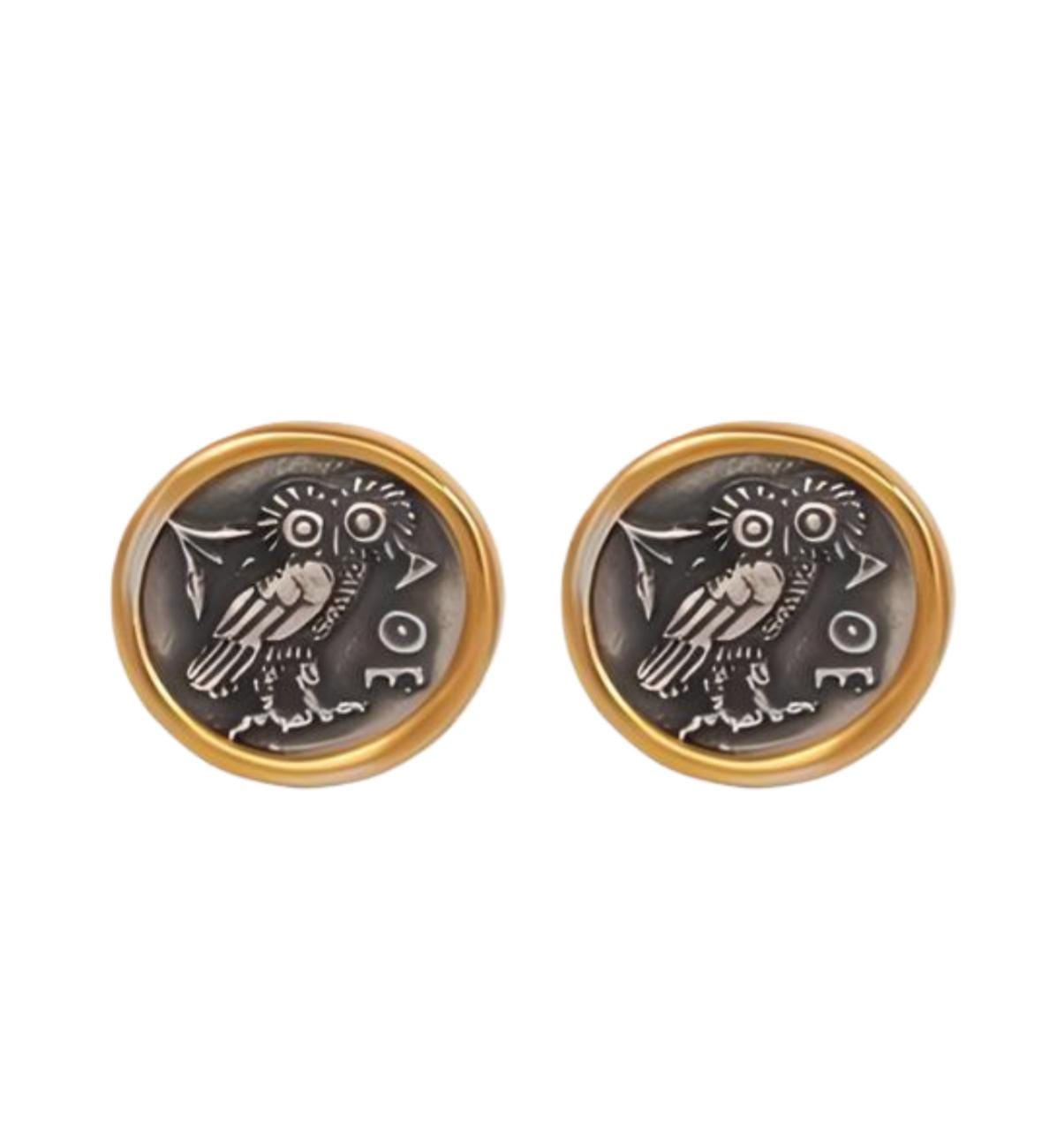 Athenian Owl Coin Cufflinks: Gold & Silver Plated, Ancient Greek Design