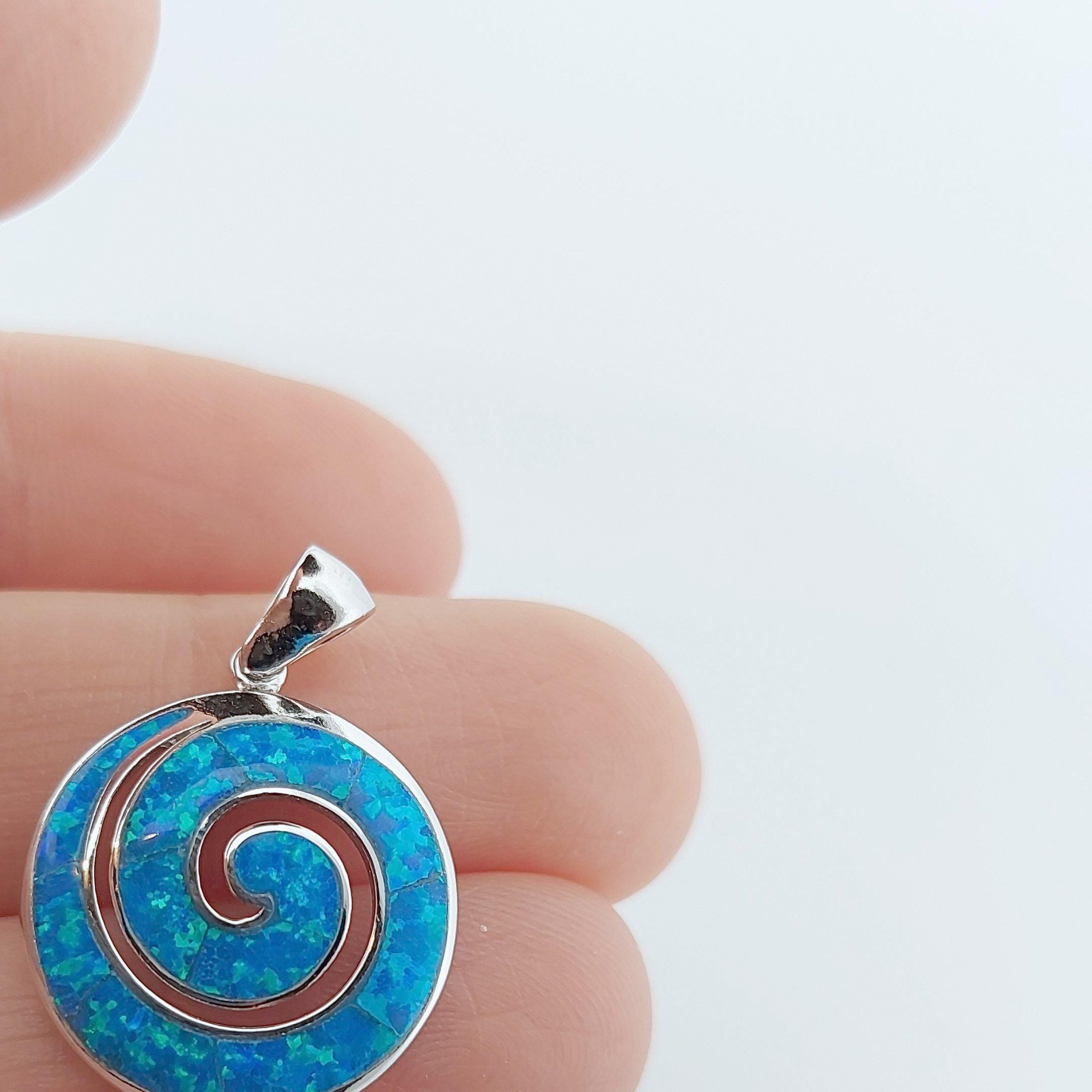 Blue Opal Sterling Silver Pendant: Greek Key Spiral Design