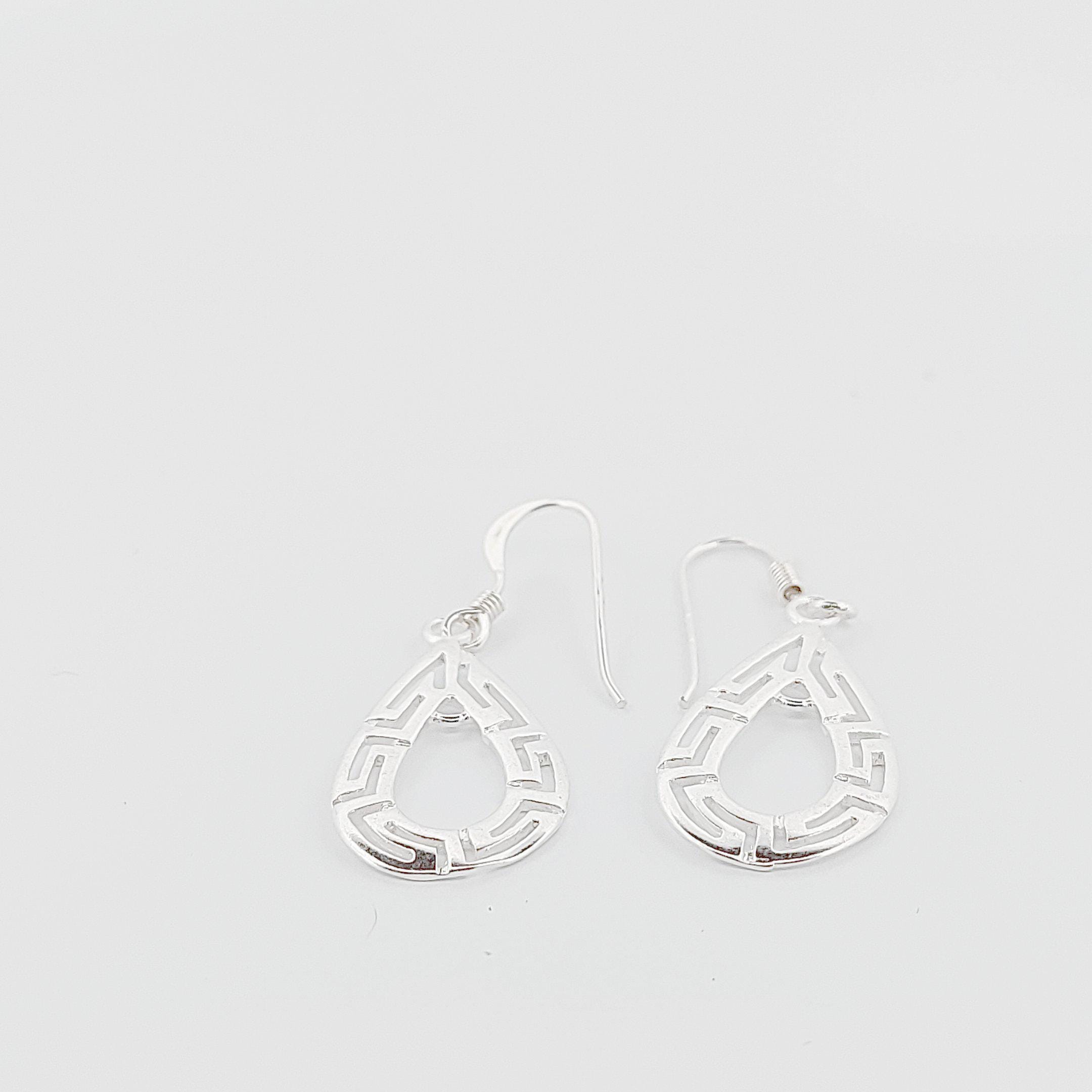 Sterling Silver Greek Key Teardrop Earrings: Elegant Dangle Design