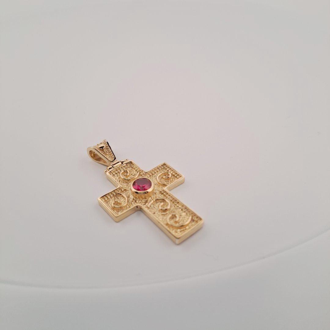 Gold Cross Pendant – Byzantine Cross With Red Gemstone | Ornate Greek Jewelry