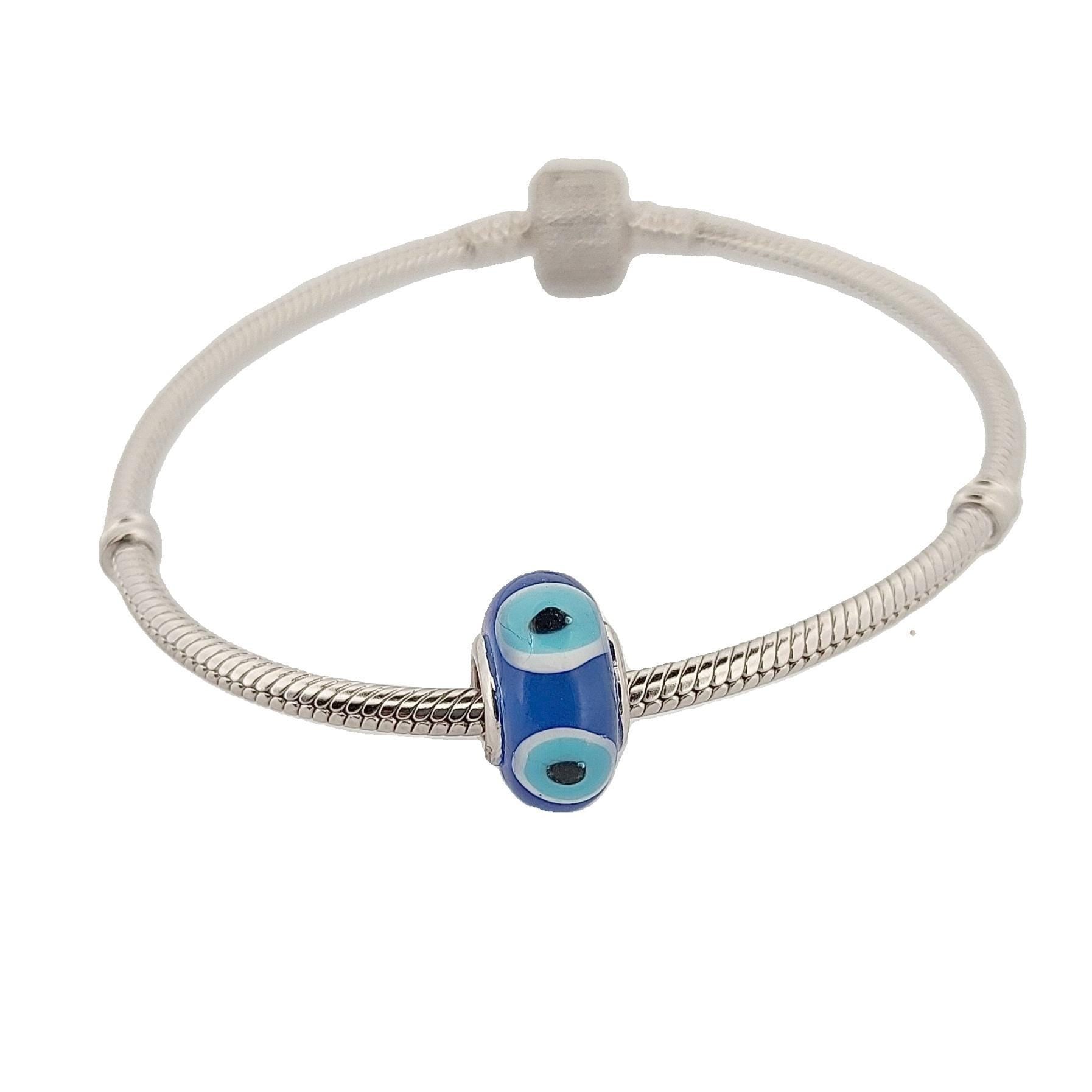 Evil Eye Charm Bead: Blue Enamel, Sterling Silver, Fits Pandora Bracelets